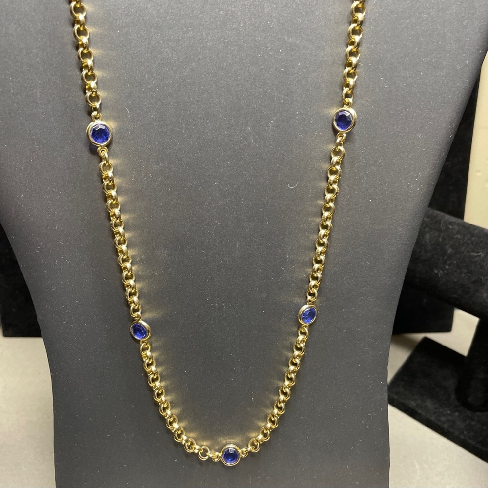 Blue Acrylic Bezel Set Saturn Station Necklace on a 24” Gold Tone Roll Chain